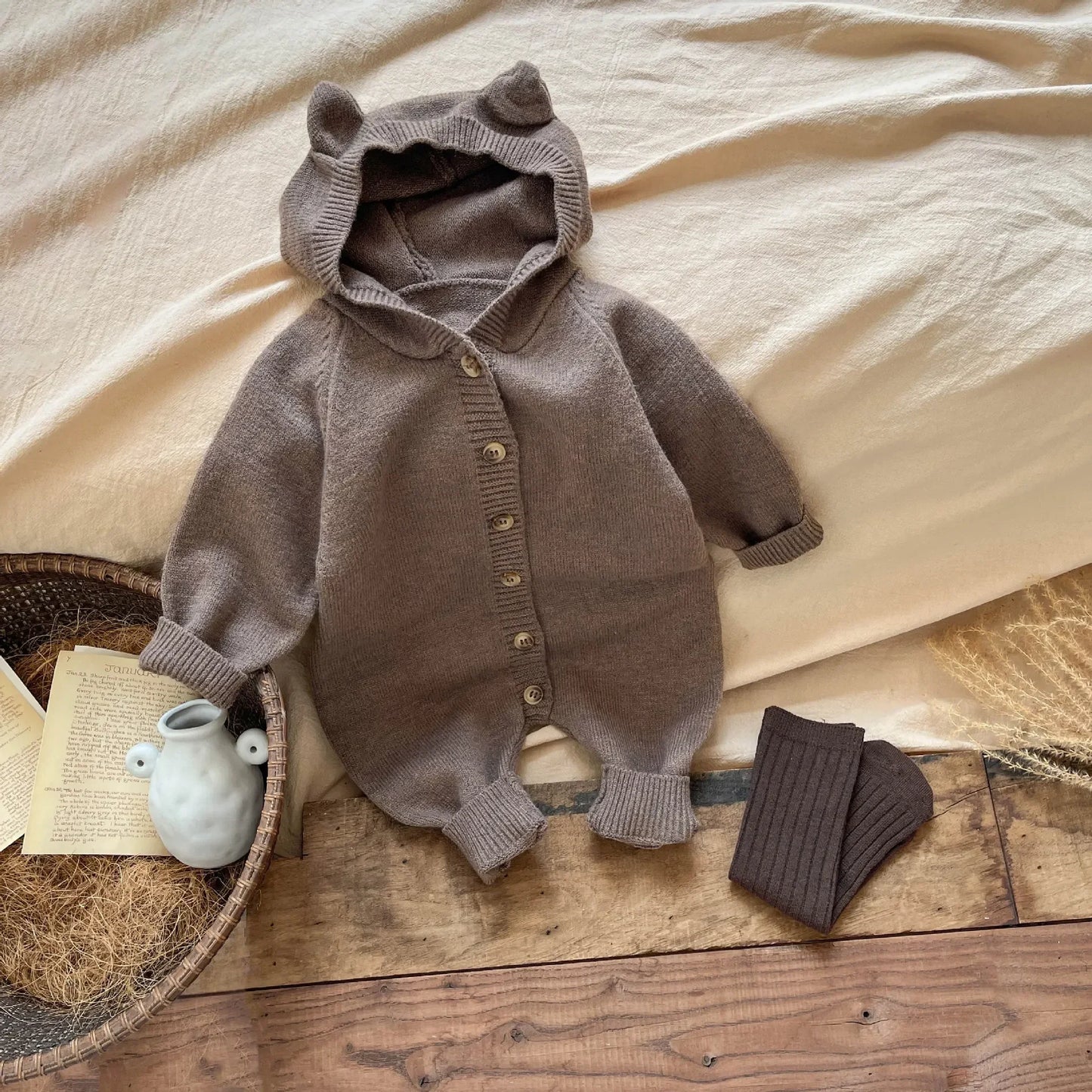 Charming Rabbit Ear Baby Jumpsuit - Autumn Knitted Climbing Suit