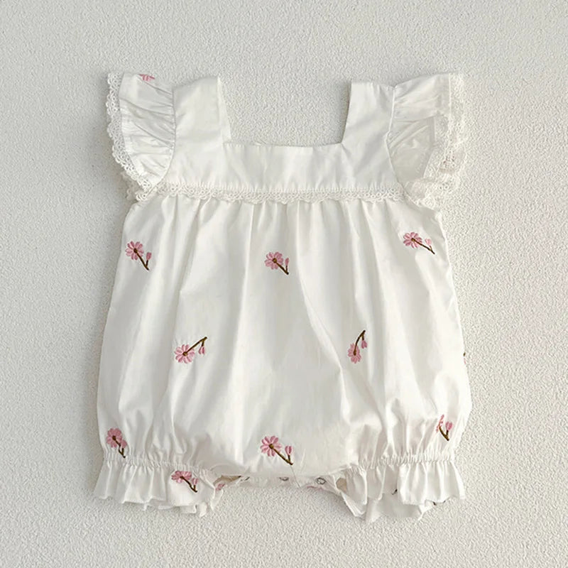 Sweet Summer Baby Girl Romper - Embroidered Flower Sleeveless Outfit