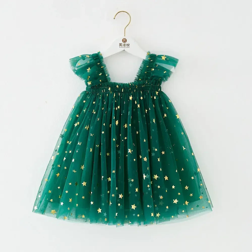 Gold Star Tulle Christmas Dress - Girls Party Dress with Mesh Overlay (0-7Y)