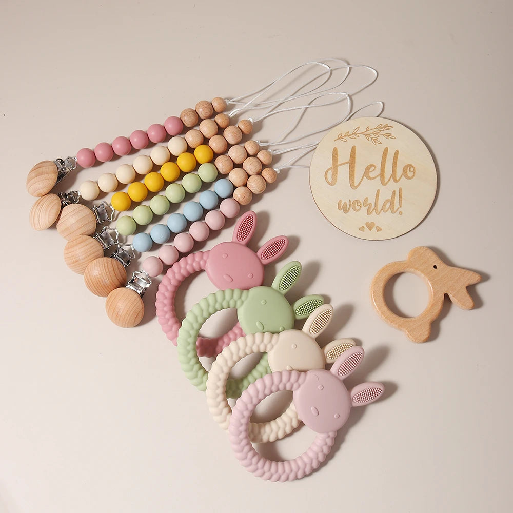 Newborn Baby Gift Set - Silicone Bunny Teether & Wooden Rattle BPA free