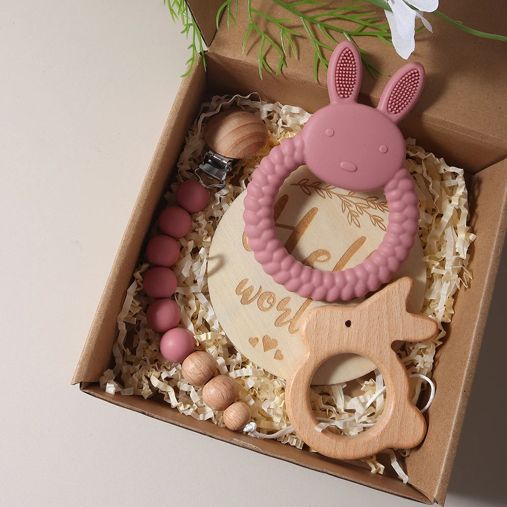 Newborn Baby Gift Set - Silicone Bunny Teether & Wooden Rattle BPA free
