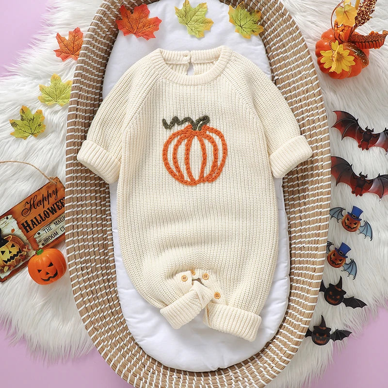 Halloween Baby Romper - Pumpkin Knitted Jumpsuit for Newborn to 18M