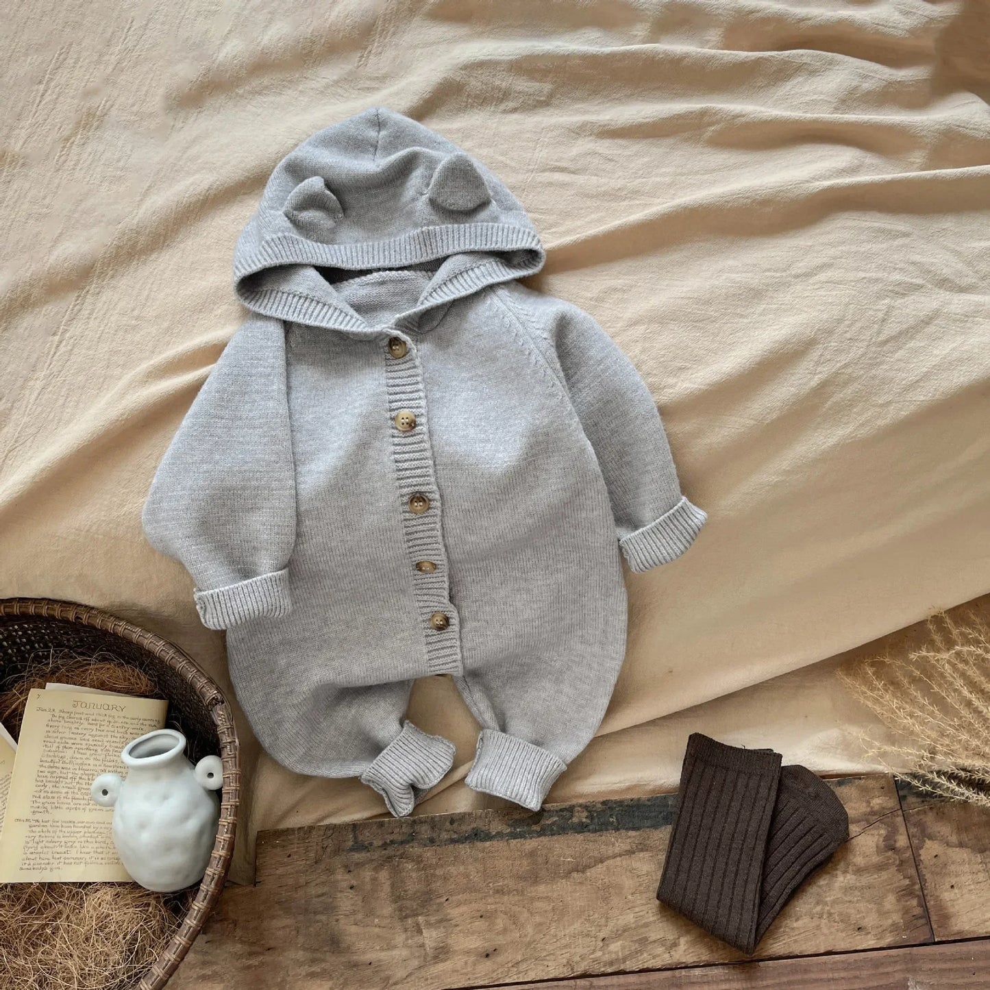 Charming Rabbit Ear Baby Jumpsuit - Autumn Knitted Climbing Suit