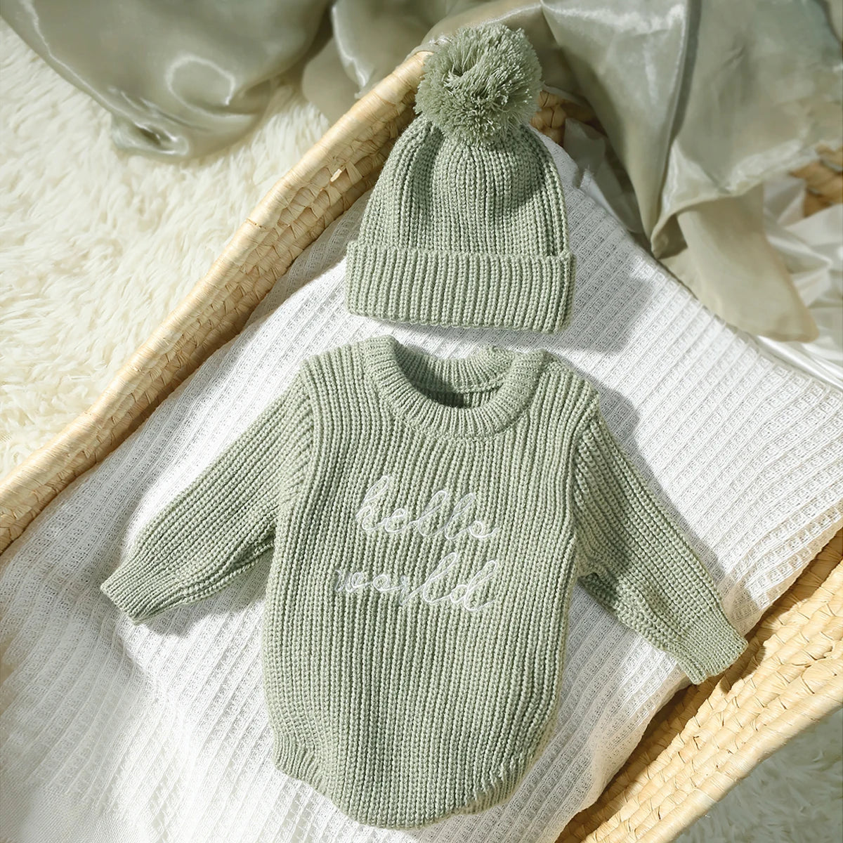 Hello World Knitted Newborn Photo Set - Romper & Pom Hat