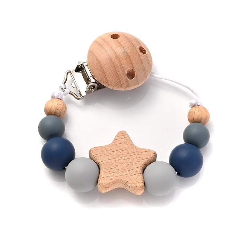 Wooden Star Pacifier Clip - Natural Silicone Teething Chain