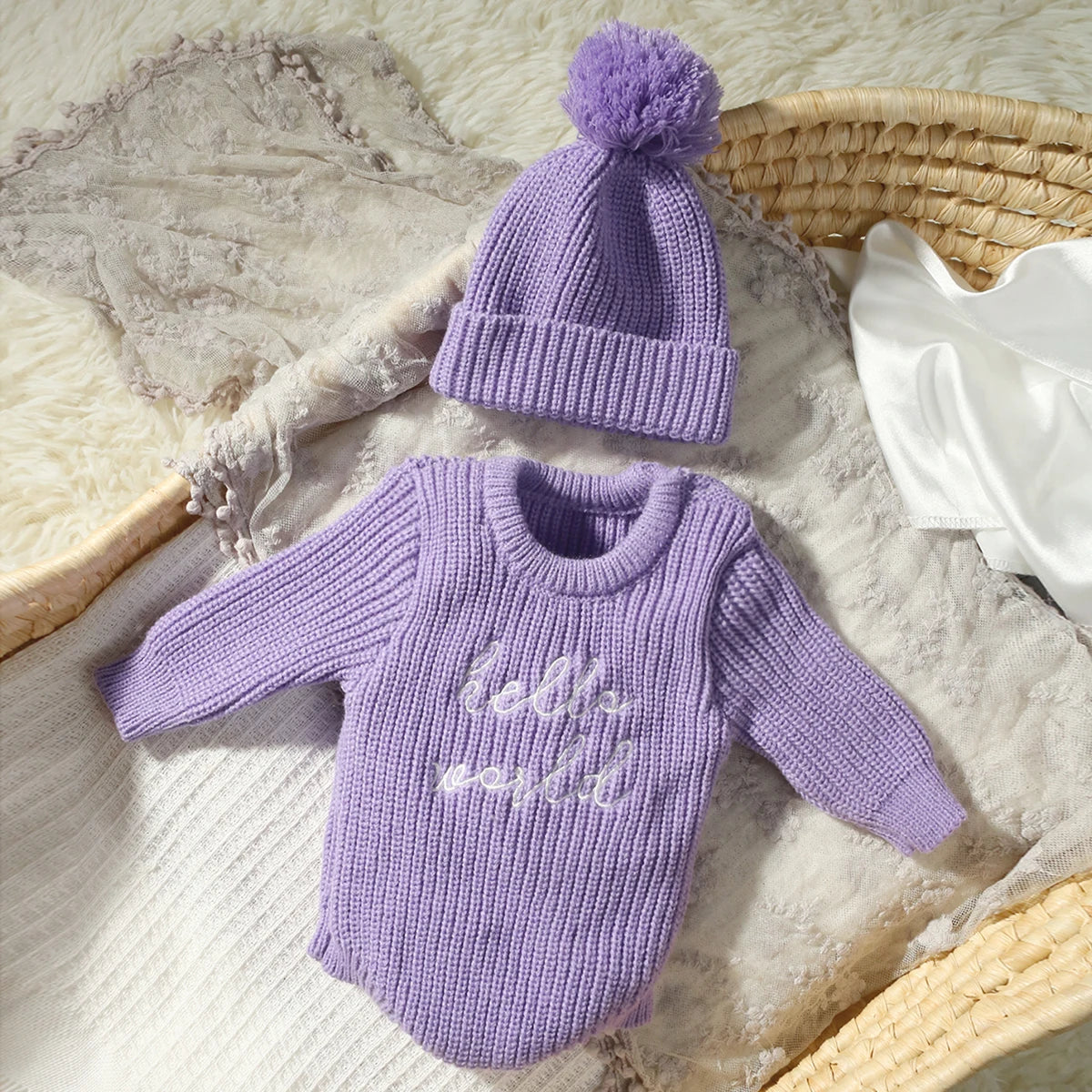 Hello World Knitted Newborn Photo Set - Romper & Pom Hat