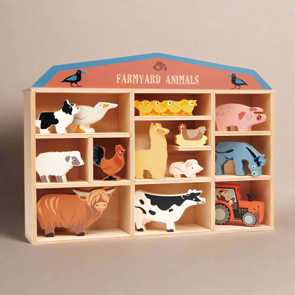 Wooden Farmyard Animals Set with Display Shelf – Tender Leaf Toys